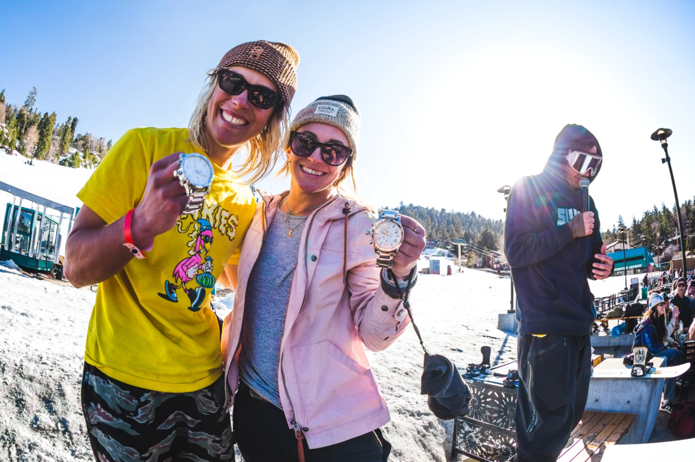 Winners of Nixon trophy watch at SLUSH snowboarding event