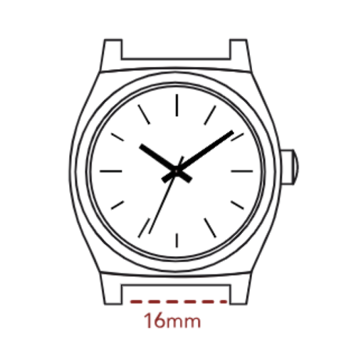 A black and white sketch of a Nixon watch with a 16mm watch band size.