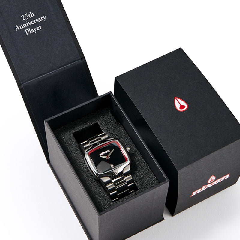 Nixon 25th Anniversary Player shown in open watch box.